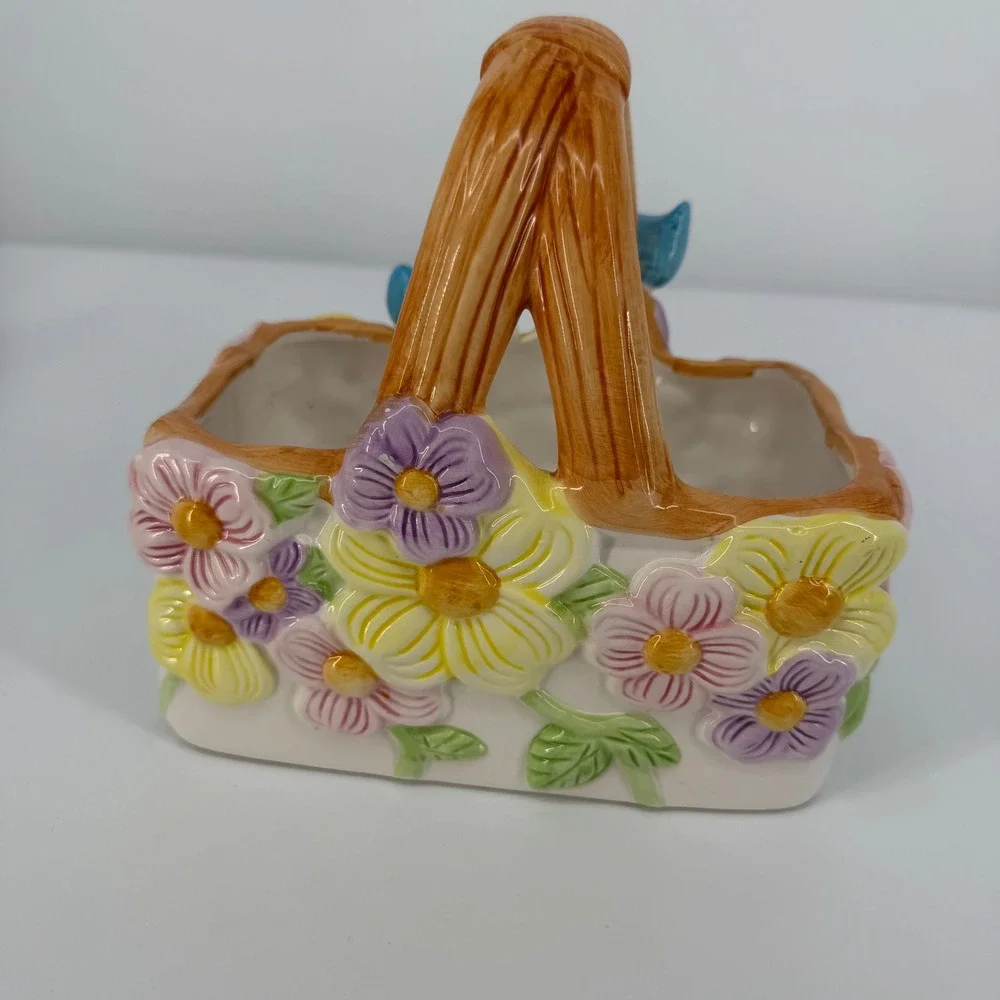 Teleflora Floral Basket Planter Blue Birds Multicolor Ceramic Spring Cottagecore